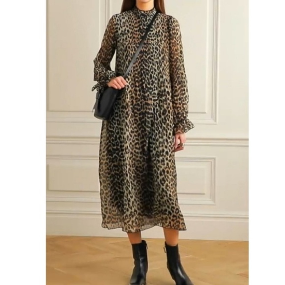 Ganni Leopard-Print Sheer Georgette Long-Sleeve Midi Dress